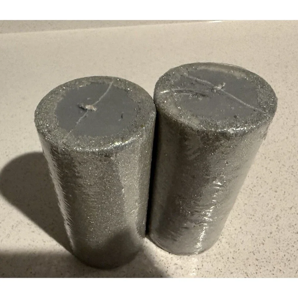 Silver Glittery Candle  4”H 3” W/glitter/Sparkly/Metallic/ LED FREE 2 Pcs